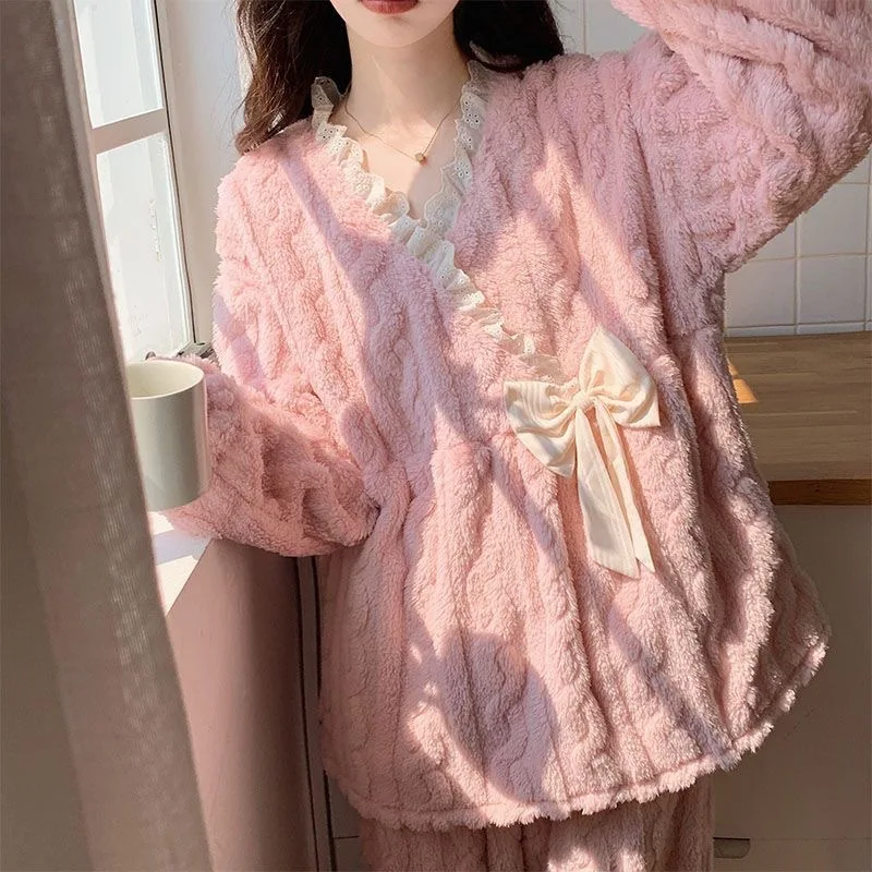 Women's Ultra Soft Coral Fleece Pajama Set Lace Trim Bow Tie Decoration Casual Home Wear Lightweight Fluffy Warm Two-piece Set