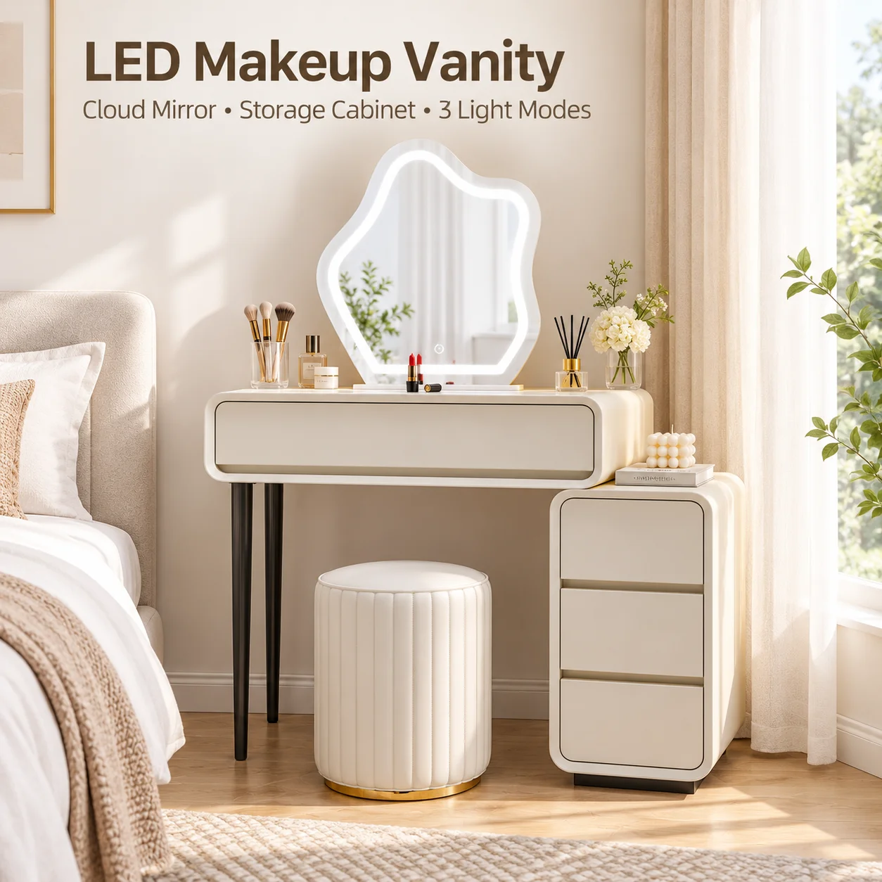 AOLIVIYA Bedroom Dressing Table Set Women Girl Makeup Vanities Desk Solid Wood Retractable Cream