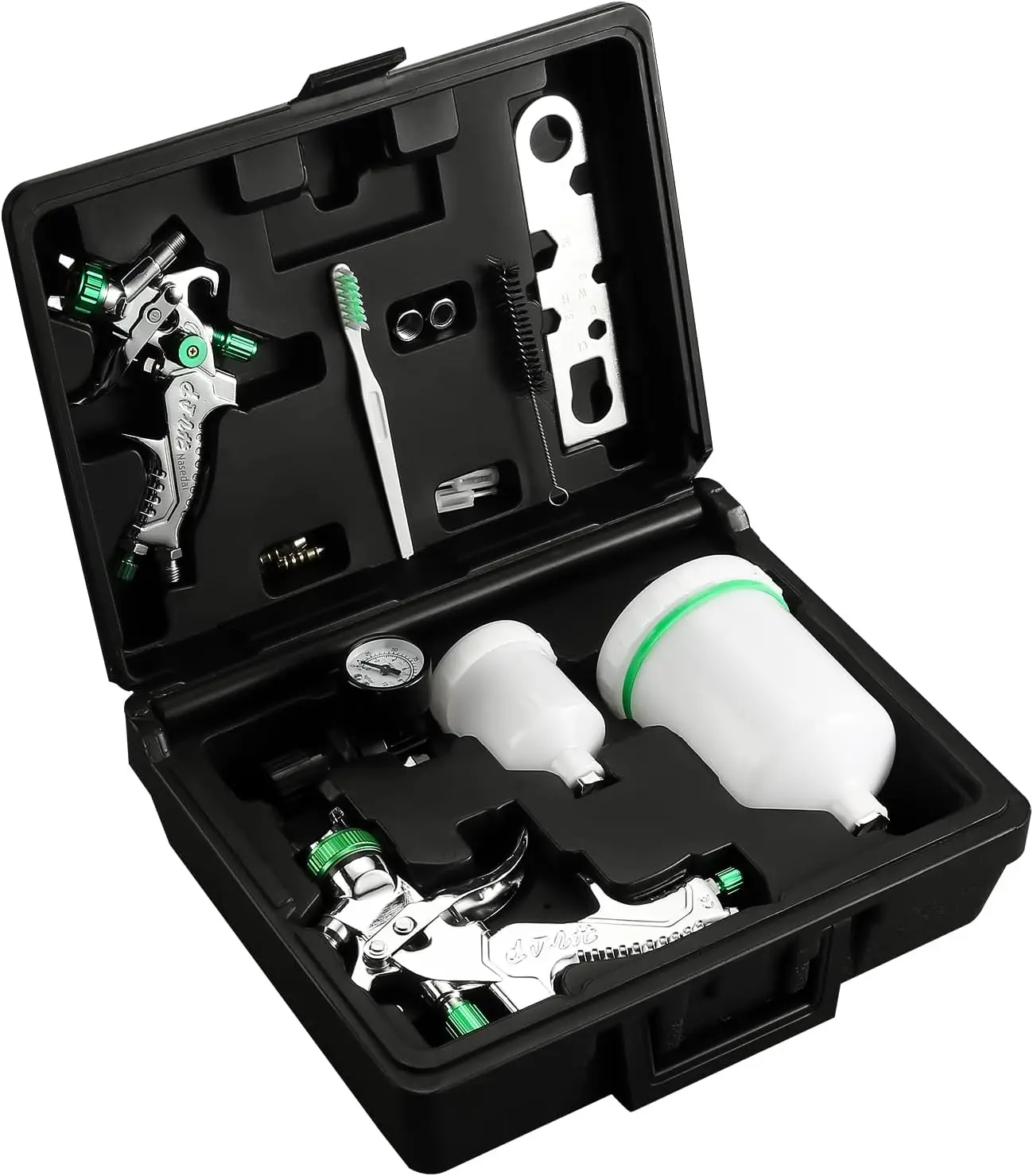 

Набор для покраски HVLP: 2 пистолета, сопла 0,8 мм и 1,4 мм, кейс для хранения, стаканы и регулятор для покраски дома, мебели, автомобилей