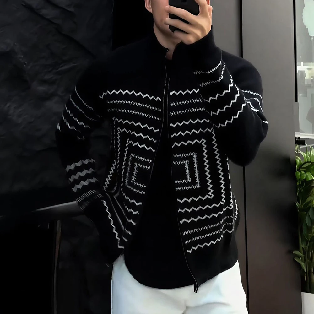 2026 Winter New Men's Long-Sleeve Knit Cardigan American Retro Fashion Trend High Street Casual Loose Simple Men's Tops