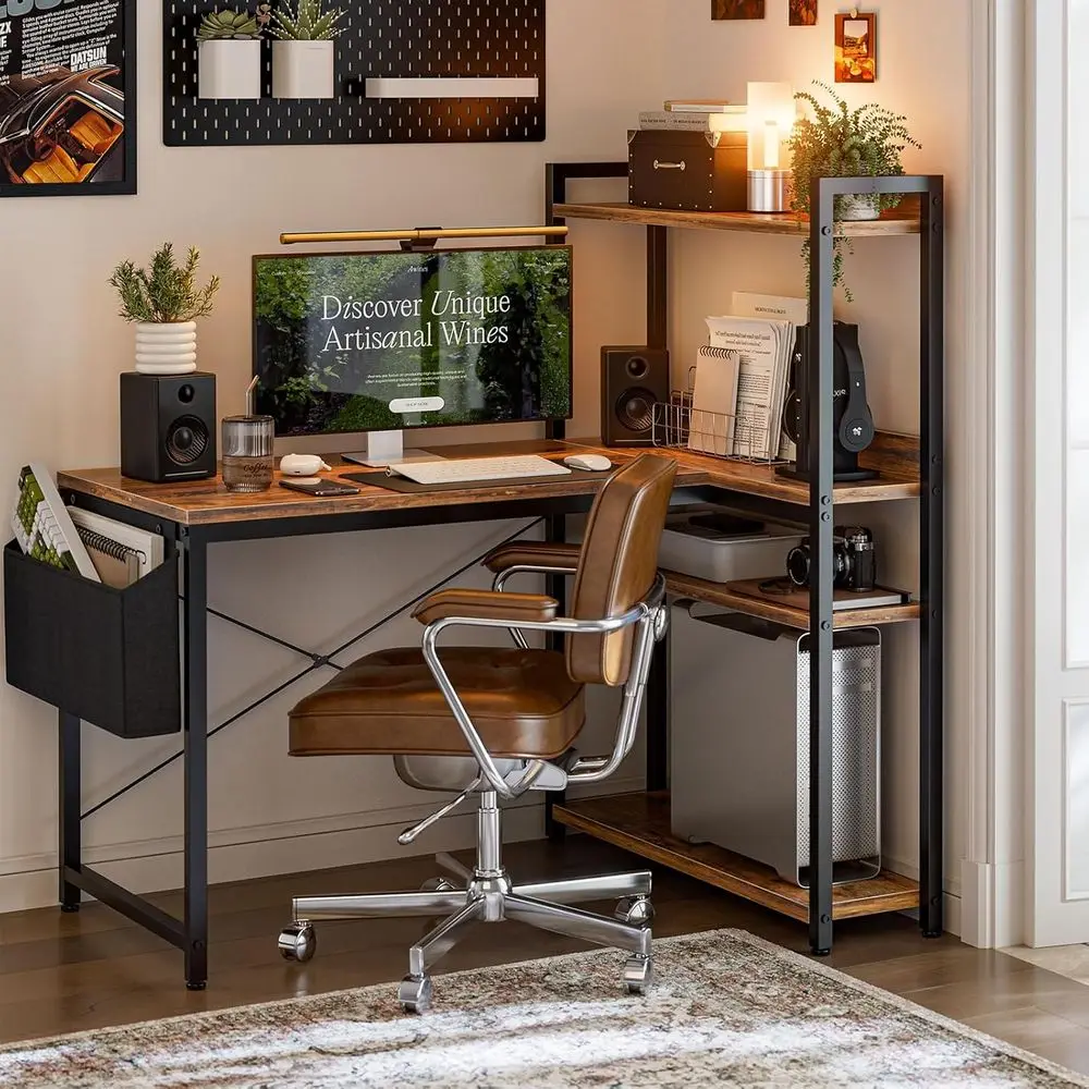 مكتب زاوية على شكل حرف L باللون البني الريفي مع مساحة تخزين قابلة للعكس، وطاولة كتابة للدراسة في المكتب المنزلي مع حقيبة #2