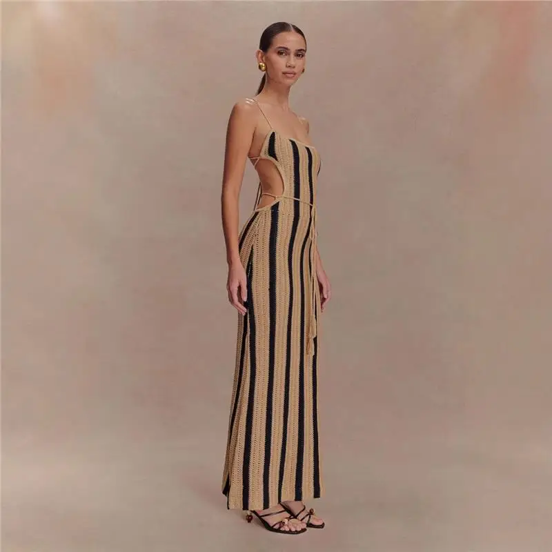 Sexy Bal Striped Long Dr Women's Faion Design Belted Crossbody Skirt High Waist Bodycon Gown for Ci Walk