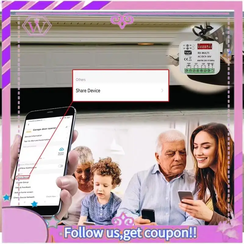 ABSL-Tuya 280-915Mhz Wifi Garage Door Switch Multi-Frequency Control Receiver AC DC 9-30V Universal With RF Remote Control