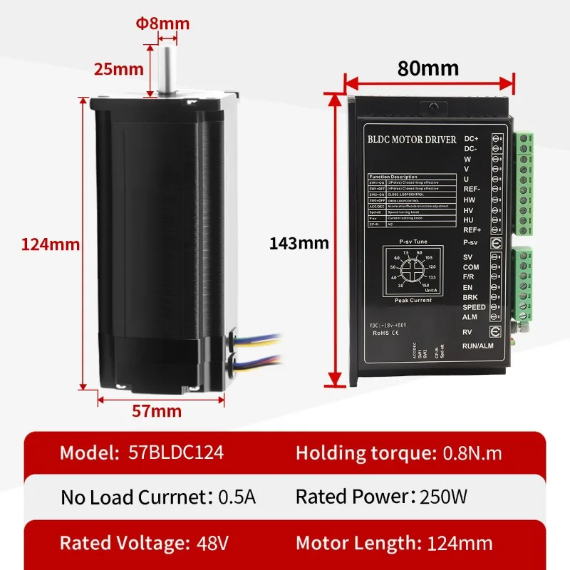 57x57x124mm 3000RPM 3 Phase NEMA 23 DC 24V 250W BLDC Brushless Motor with Driver Kit Flange Mount RoHS CE ISO Certified