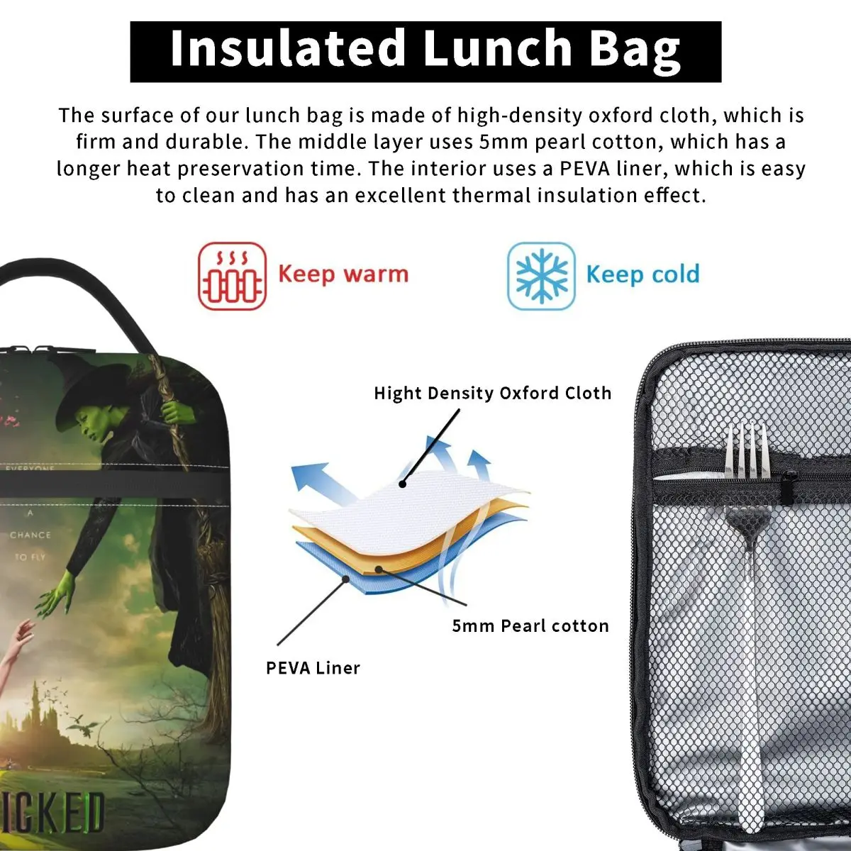 Wicked Elphaba & Glinda Borsa per il pranzo termica tonale isolata per il lavoro Magic Movie Borsa per alimenti portatile Scatole per il pranzo con dispositivo di raffreddamento termico