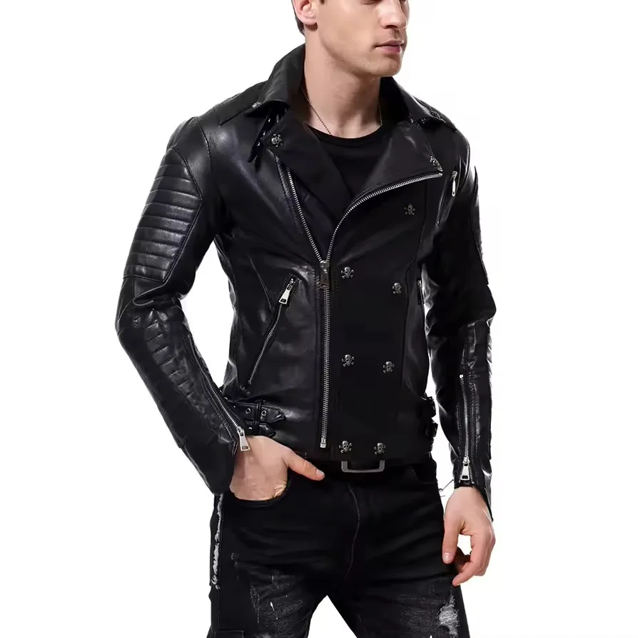 Chaqueta de piel sintética Punk con calavera para hombre, abrigo gótico de invierno de manga larga con cremallera para motorista, chaqueta de cuero negro a la moda Harajuku con cremallera