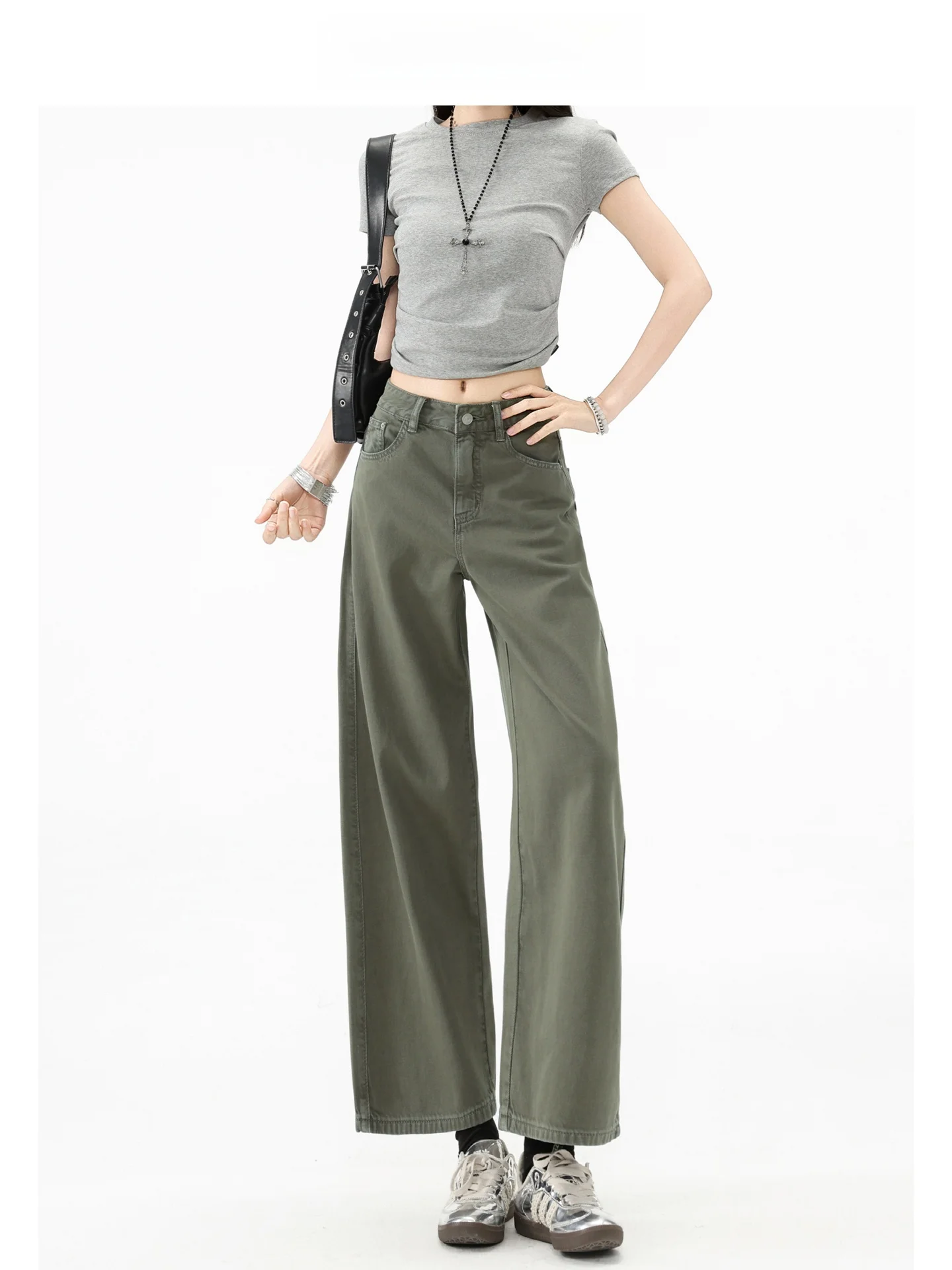 Calça Jeans Feminina Forever 21 Verde Militar de Cintura Alta, Perna Reta Solta, Estilo Americano Retrô, Calça Casual Estilo Streetwear