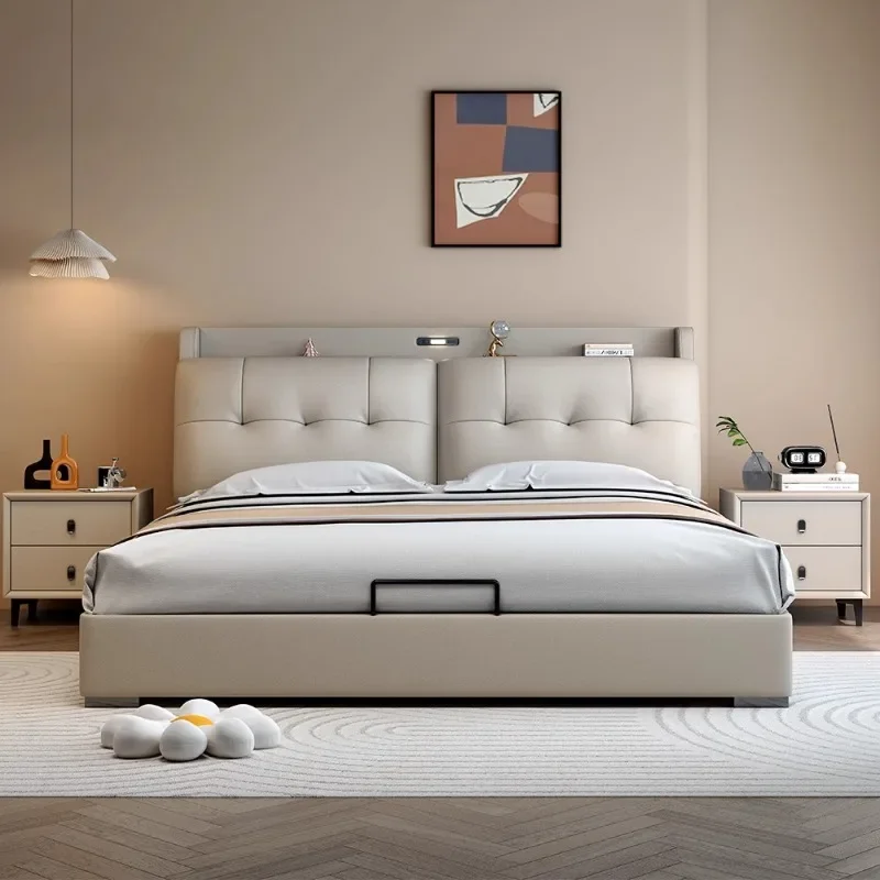 

Europen Frame Double Bed Waterproof Beige Designer Wooden Luxury Double Bed Full Size Headboards Cama Matrimonial Home Furniture