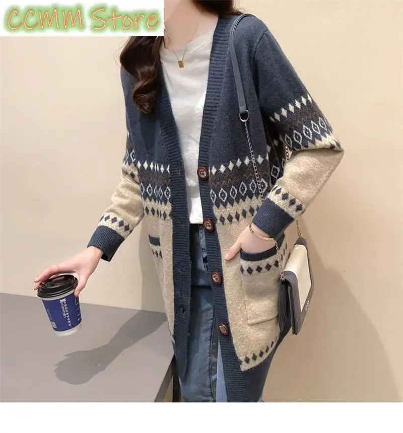 

New Mid-long Knitting Cardigan For Women Spring And Autumn Korean Version Loose And Sweater Coat Print Jacket Pocket Coat