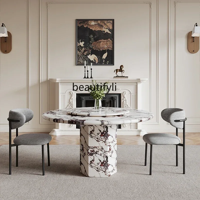 183ff French retro simple round marble dining table and chair combination with turntable household dining table