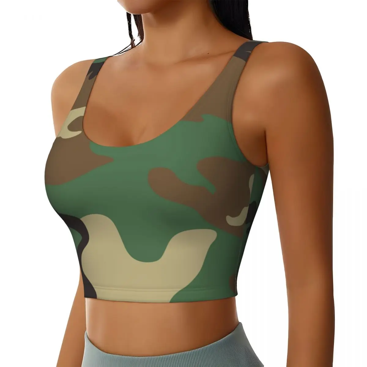 Custom High Impact U.S Woodland Camo Pattern Sports Bra for Women Camouflage Gym Workout Yoga Crop Top