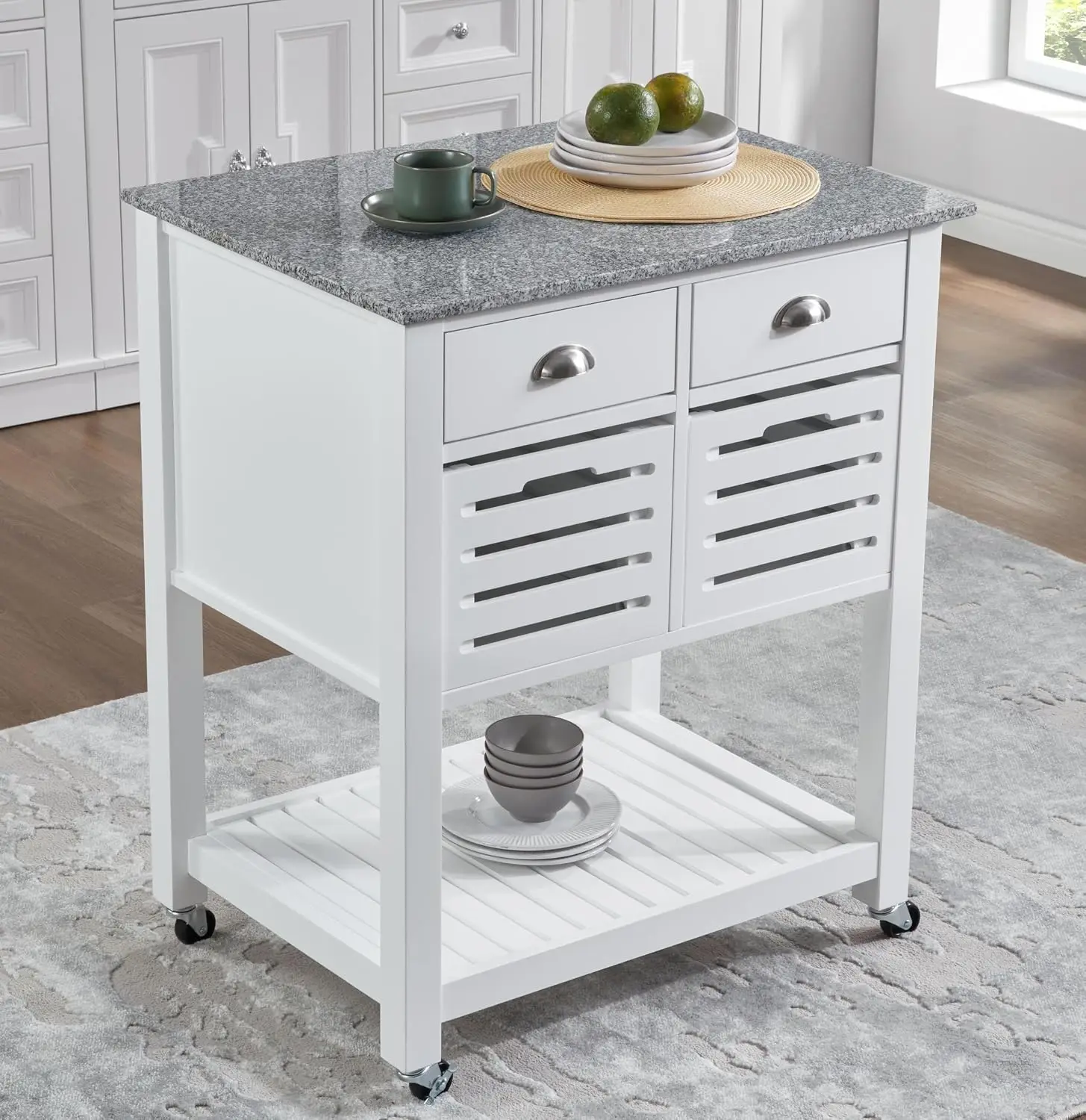30-Inch Mobile Rolling Kitchen Island Trolley with Marble Countertop, Four Drawers, 2 Breathable Bins – Spacious Design for Food