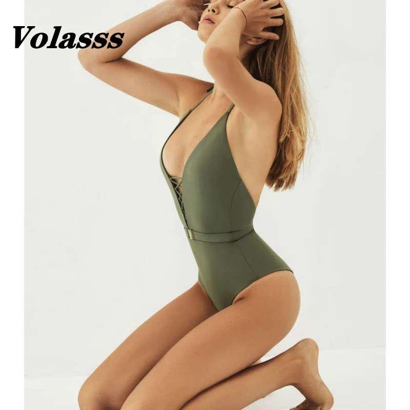 Bañador de una pieza con espalda descubierta para mujer, traje de baño Bandage con hebilla de cinturón, Monokini de corte alto, ropa de playa,