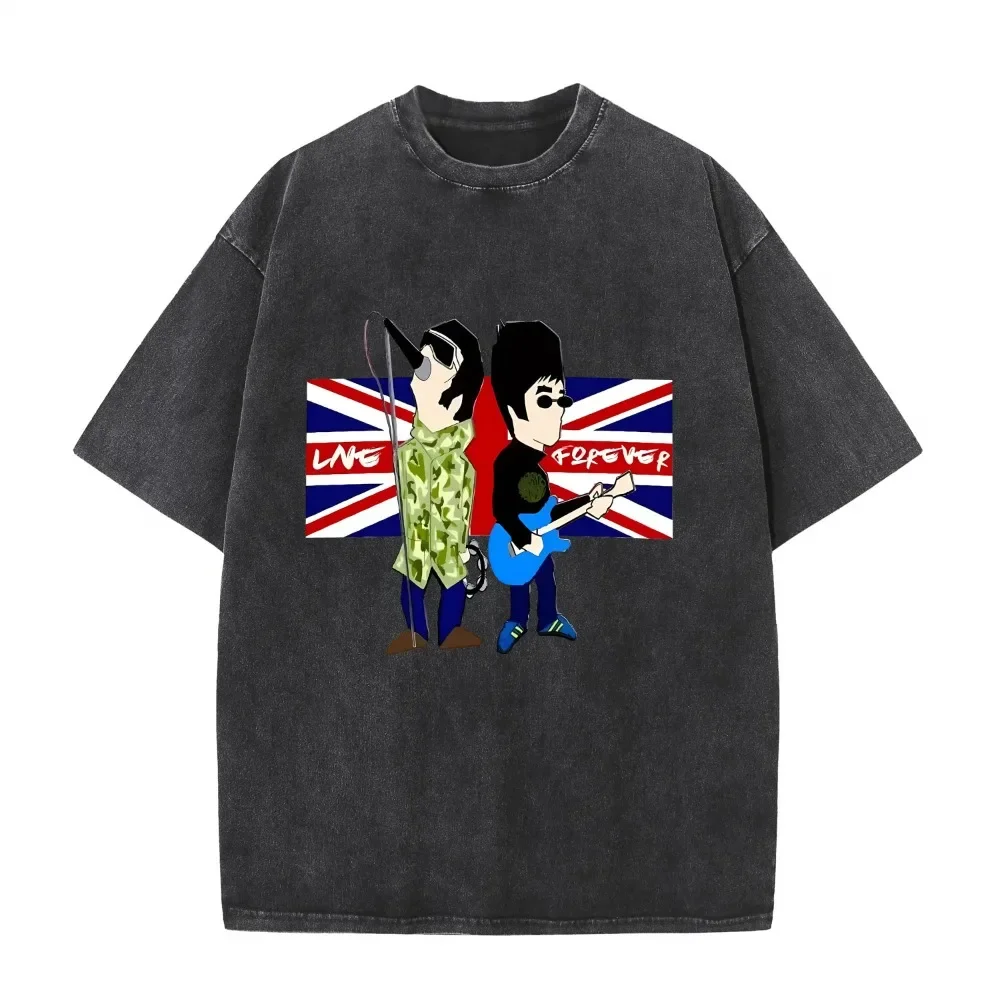 

2025 American retro washed old heavy cotton solid color short-sleeved Tshirt summer loose top tide washed T-shirt oasiss band