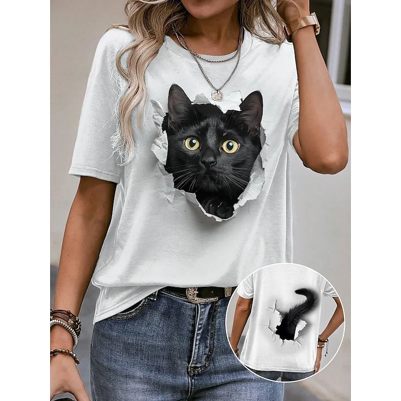 Funny 3D Cartoon Cat Print Women's T-Shirts Casual O-neck Short Sleeve Top Fashion Kawaii Animal Pattern Blouse Summer Loose Tee