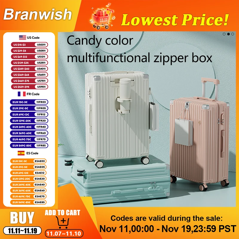 

20/26 Inch ABS Candy Color Travel Suitcase Multi Functional Luggage with External USB and Port Foldable Cup Holder for Travel