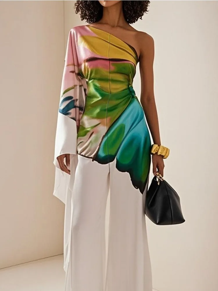 بدلة قفز نسائية أنيقة بأكمام واحدة من Freeacy بأكمام واسعة وساق واسعة فضفاضة مناسبة للحفلات بدلة من قطعة واحدة مآزر مطبوعة