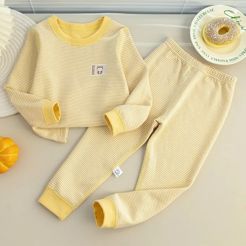 

Casual Striped Kids Underwear 2 Piece Sets Winter New Pullover Tops Children Warm Ensemble Thermals Girls/Boys Pajamas Conjuntos