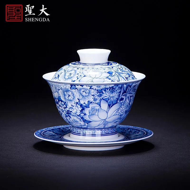 |Only three tureen jingdezhen blue and white flower is hand-painted ceramic cups in delight all hand kung fu tea tea bowl