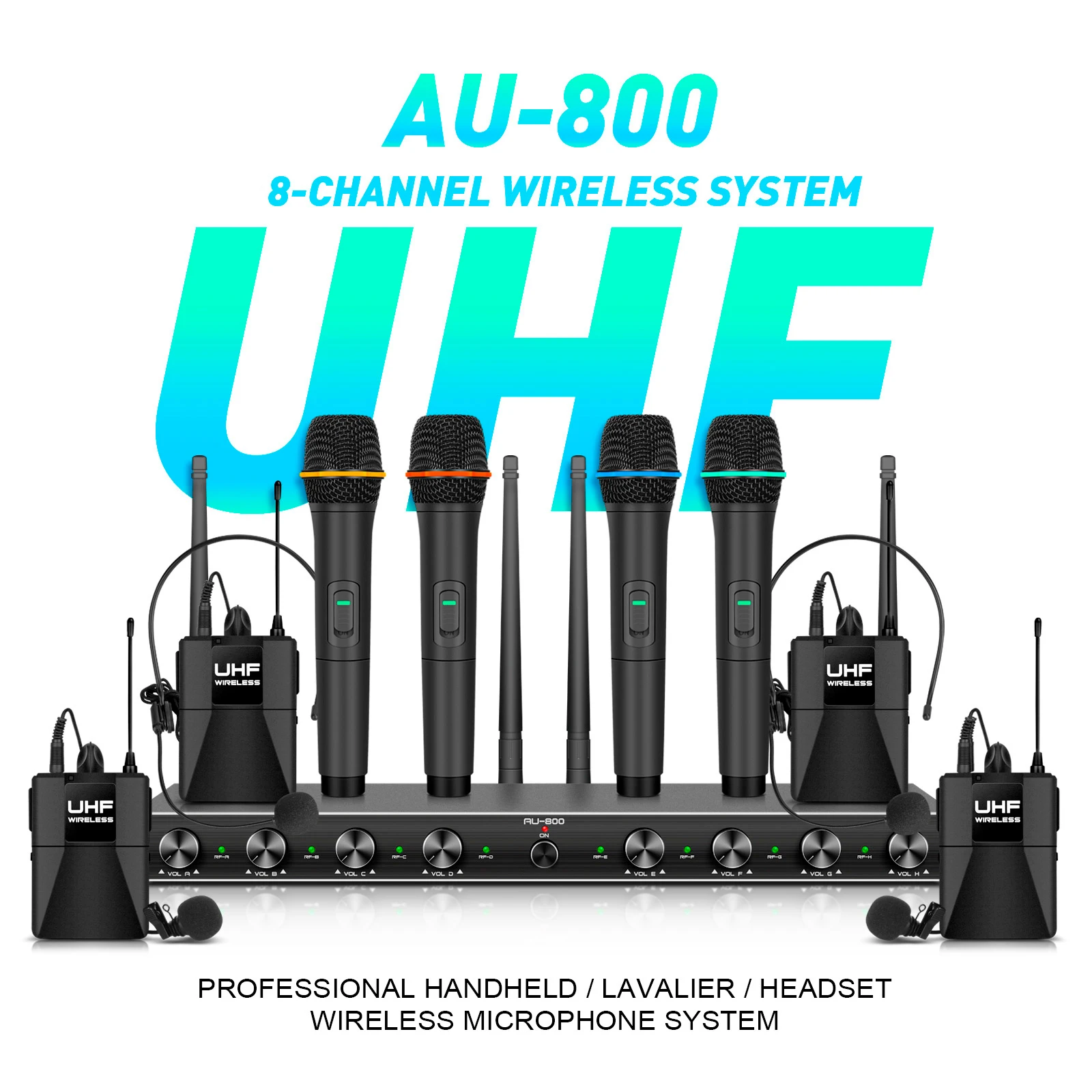 

AU 800 UHF Professional Wireless Microphone System for Stage Performance, Karaoke, Handheld or Lavalier Microphone and Headset