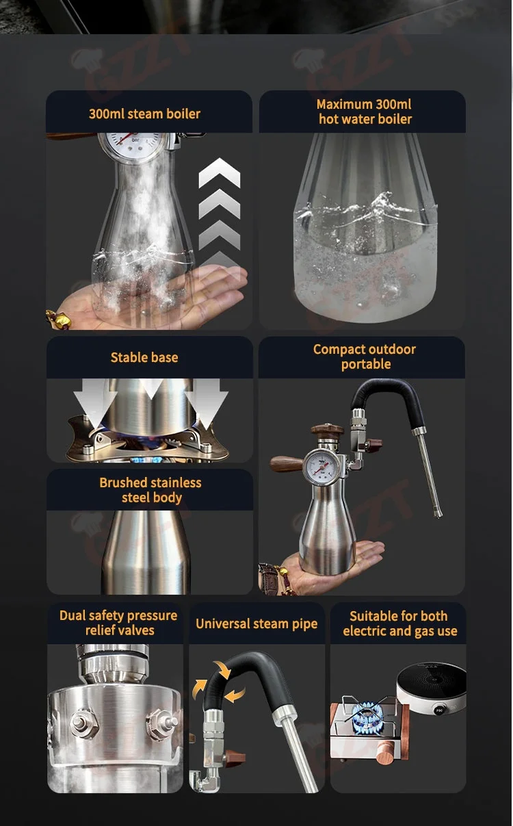1. Portable Stainless Steel Steam Milk Frother Foamer, 300ml Hot Water Boiler With Dual Safety Pressure Relief Valves Coffee