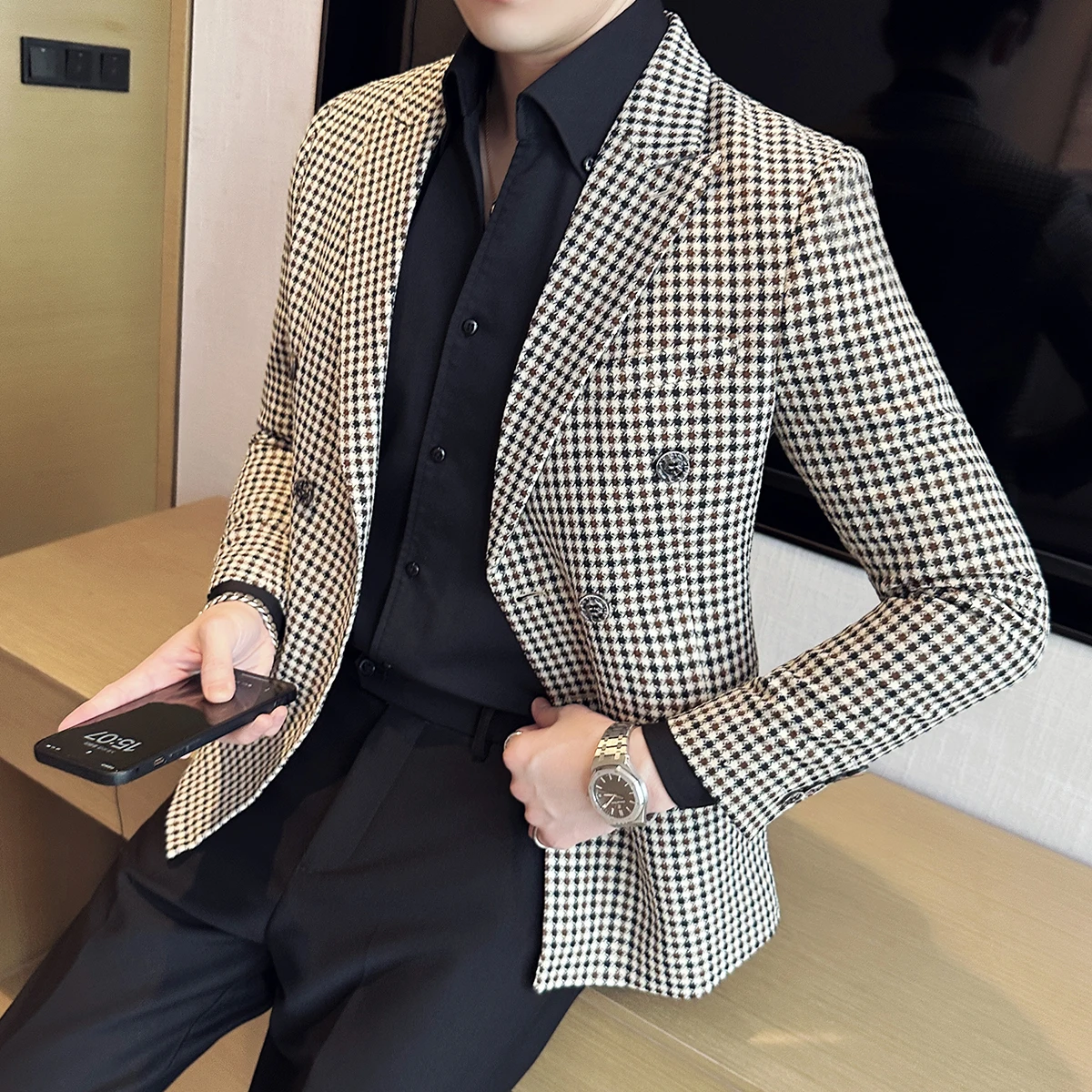 British Style Fashion Double Breasted Casual Blazer Coat 2023 Men Check Slim Fit Suit Jacket Formal Office Wedding Tuxedo Jacket