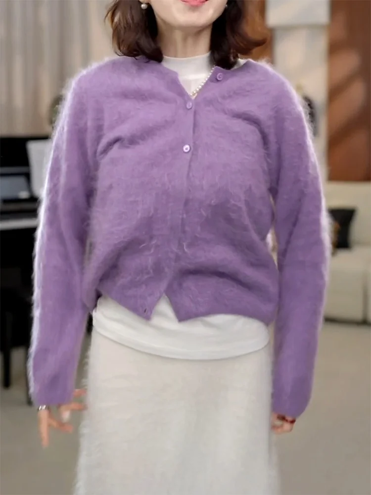 

Корейский вязаный кардиган с круглым вырезом, осенняя новинка, большие размеры, фиолетовый цвет, подчеркивающий простоту и элегантность, топ