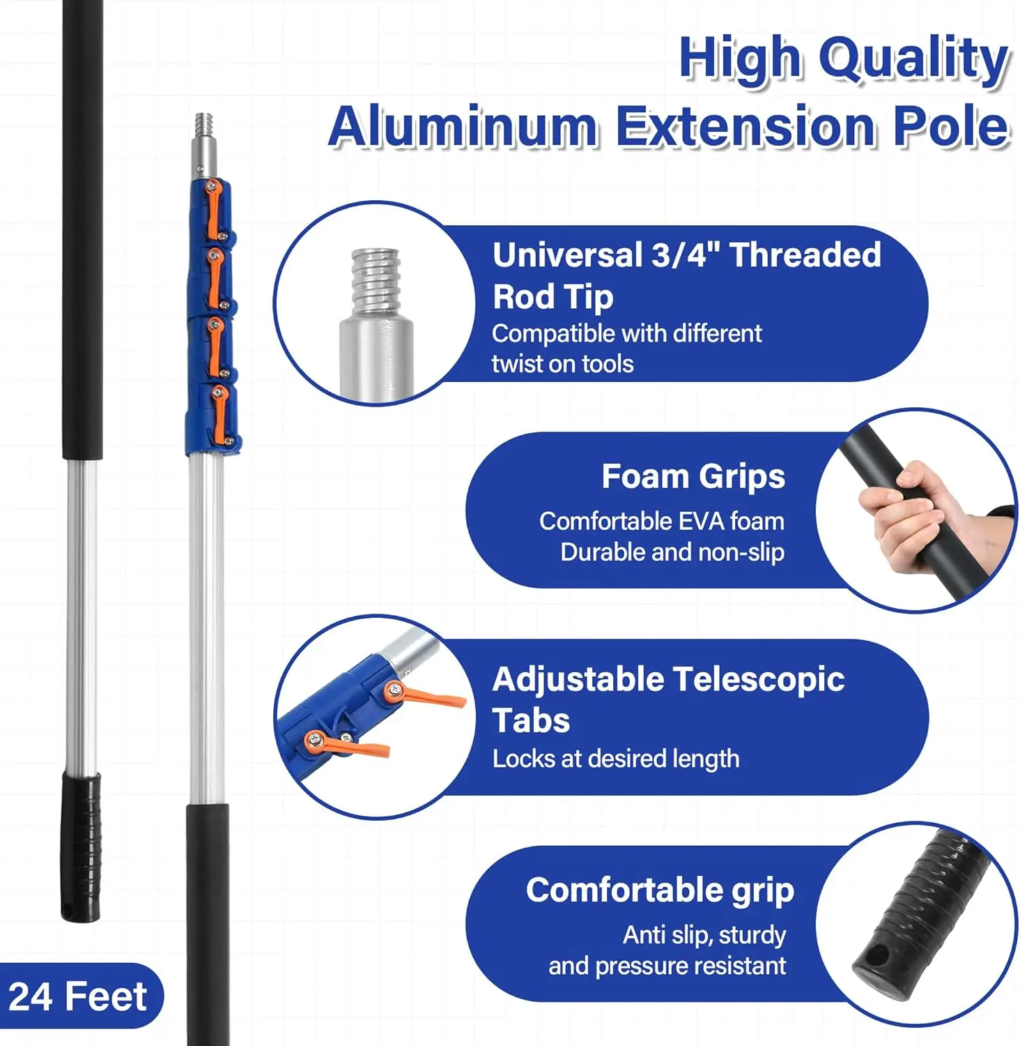 6-24FT Telescoping Extension Pole Multi-Purpose Extendable Pole with Universal Twist-on Metal Tip for Hanging Light Bulb Changer