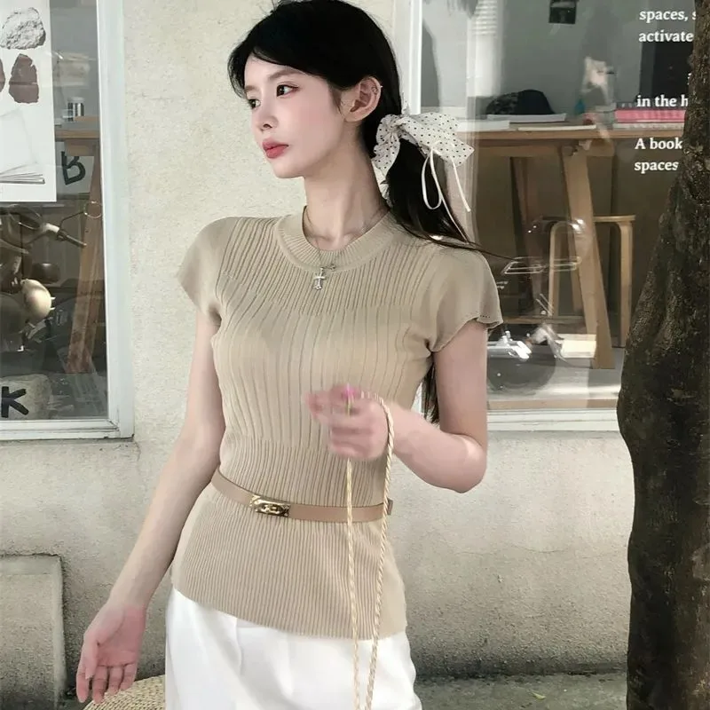 

Women's Mock Neck Ribbed Knit Top Ruffle Cap Sleeve Slim Fit Sleeveless Casual Daily Blouse