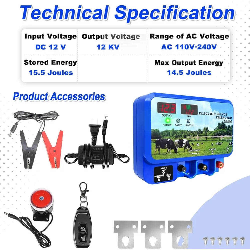 15.5J Electric Fence Charger, 15.5 Joules 600 Acres, AC DC 2 in 1 Powered Supply, Input 12V Output 12KV