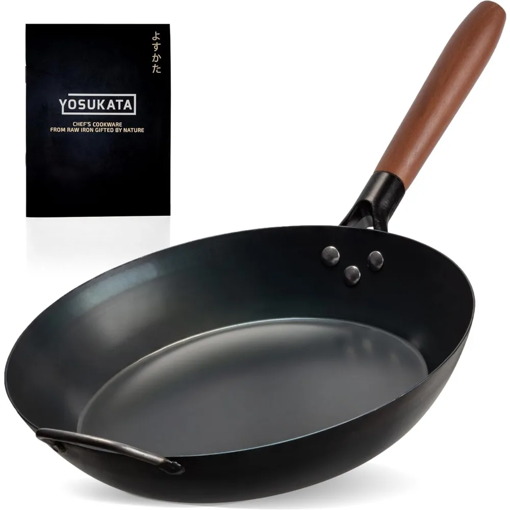 

11.8" Carbon Steel Frying Pan – Non-Toxic Pre-Seasoned Skillet with Removable Wooden Handle – Coating-Free Wok-Style Pan