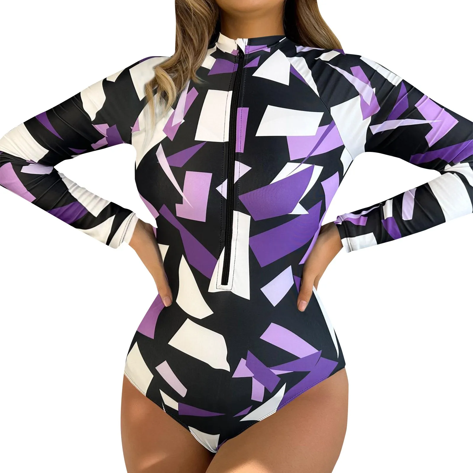 

2024 Women's Fashionable One-Piece Long Sleeved Zippered Beach Surfing Elastic And Swimsuit Soft And Comfortable Swimwear