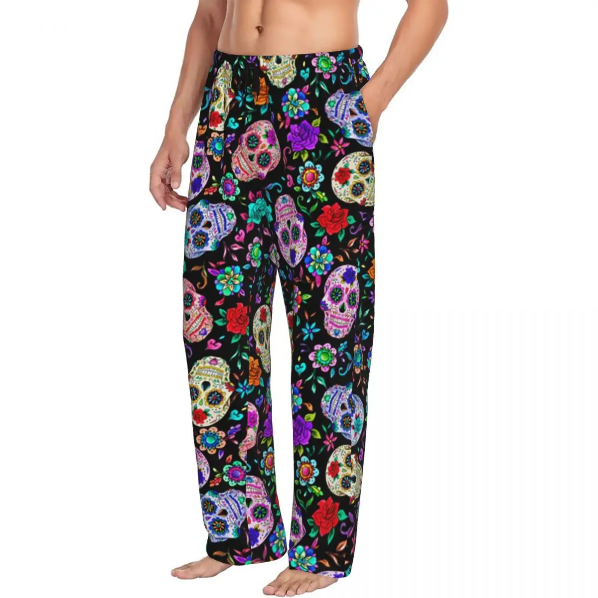 Custom Sugar Skull Mexican Flower Halloween Day Of The Dead Men Pajama Pants Lounge Sleep Sleepwear Bottoms with Pockets