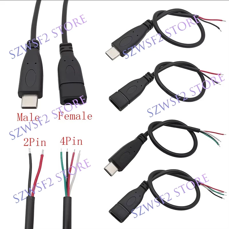 USB Type C 1/2m Male Female  2 Pin 4 Pin Wire Power to Bare Open End Charging Cable Plug Extension Connector E2