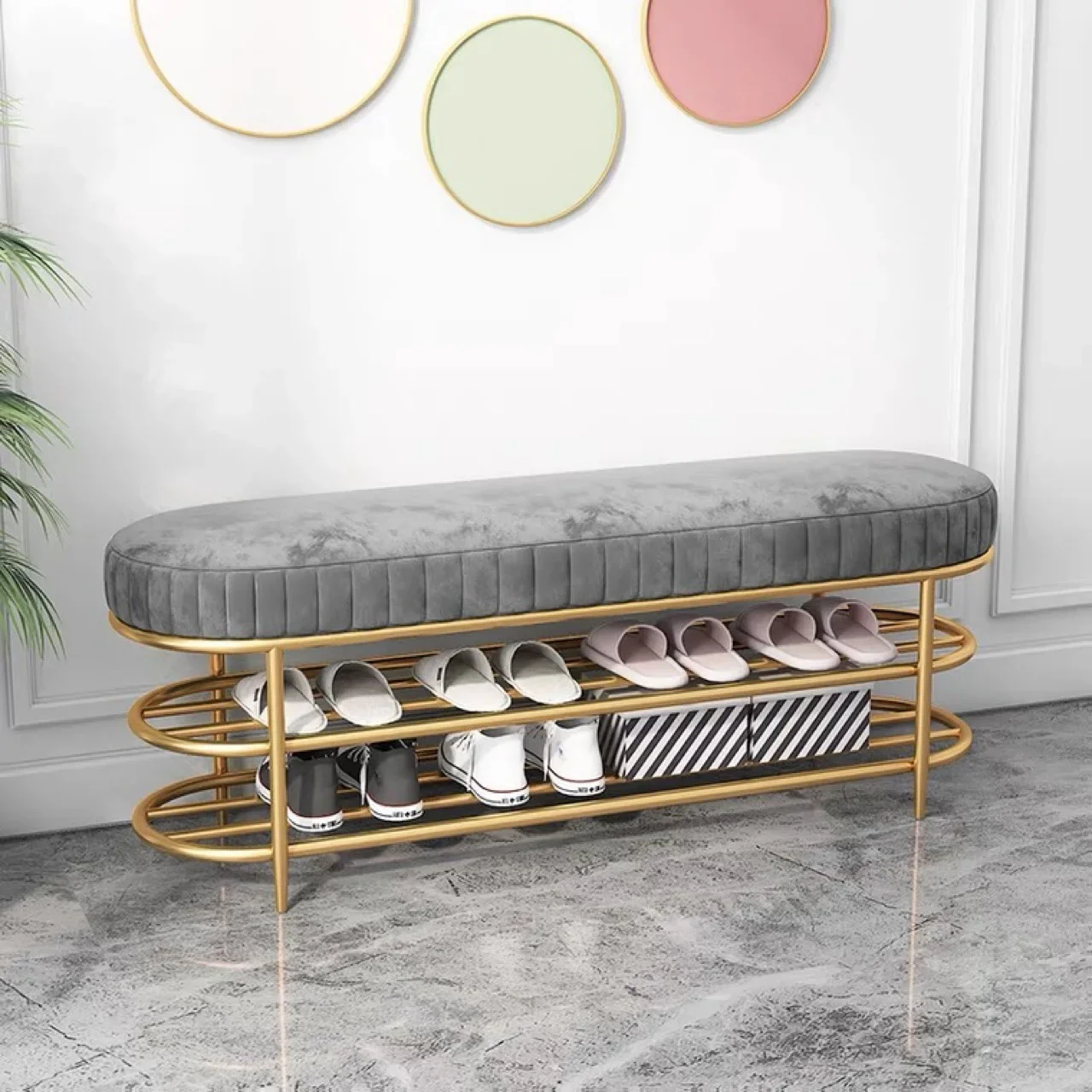 Nordic Light Luxury Iron Shoe Changing Bench Home Door Shoe Changing Bench Large Capacity Shoe Cabinet Entrance Shoes Rack