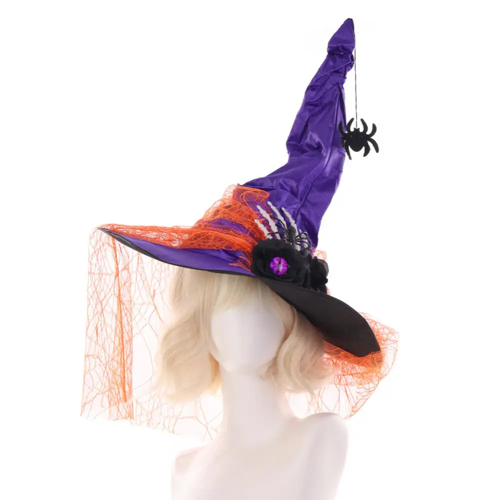 ハロウィンコスプレアクセサリープリーツレース魔女帽子パーティーボールコスプレ魔女尖ったシルクハットマジシャンダークフィンガーボーンデコレーション