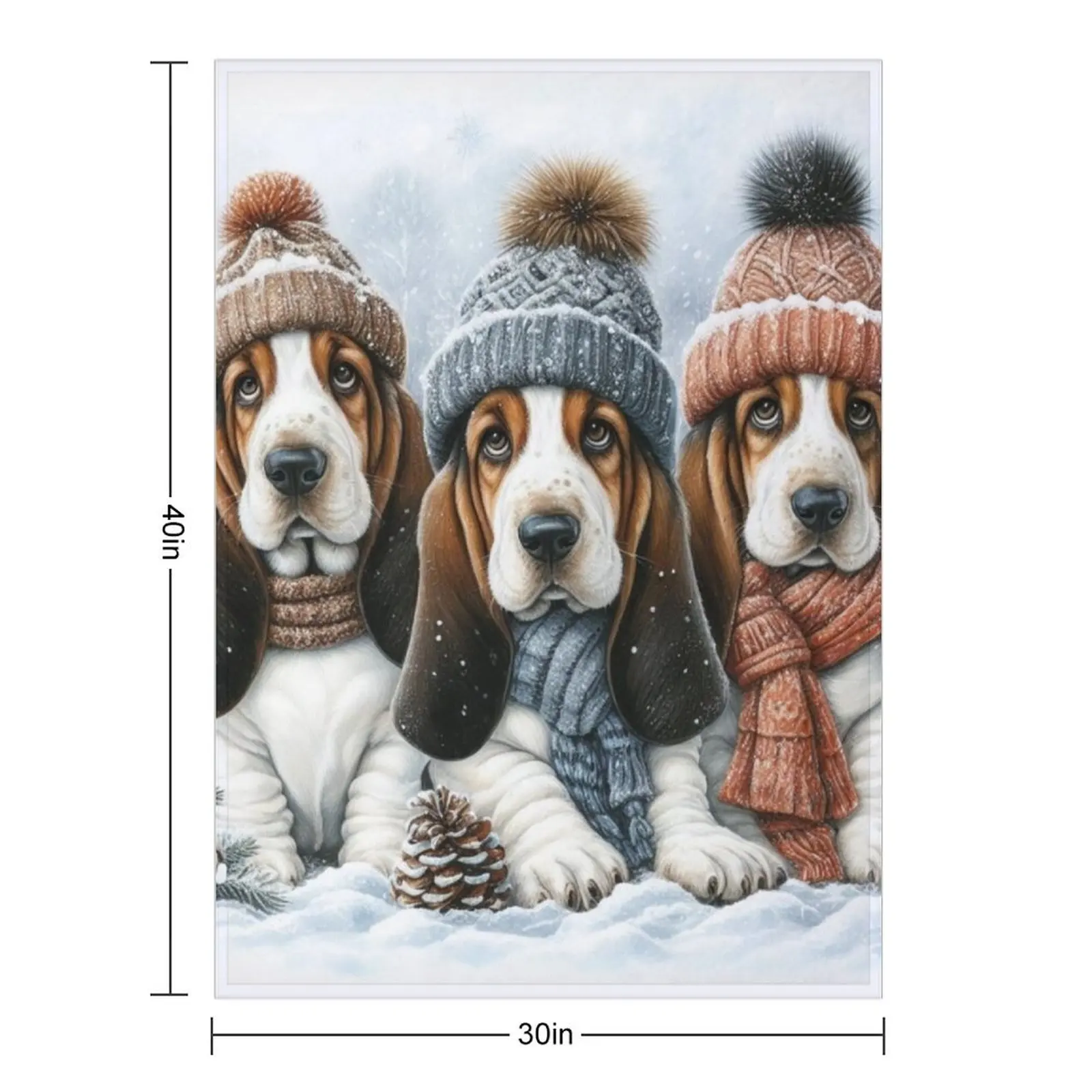 Basset Hound Puppies in Winter Hats and Scarves Throw Blanket Custom funny gift Large Bed linens Baby Bed Blankets