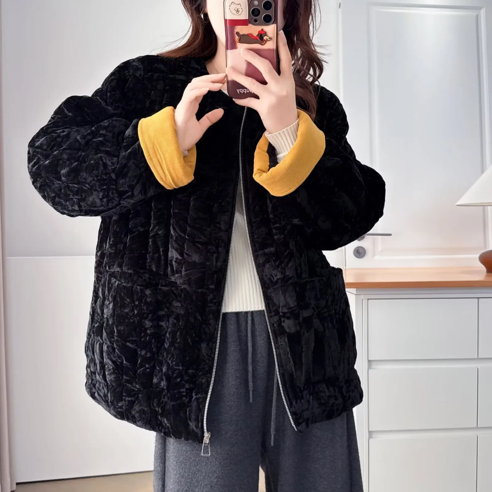 XXXXL موضة حجم كبير المرأة سترات الشتاء Pleuche اللون منعت الصوف الدافئة ياقة معطف عادية وسادة مبطنة 555 #5