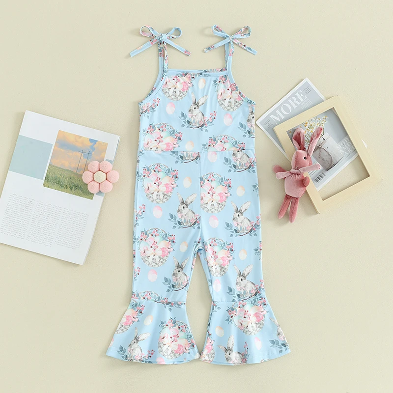 Adorable Baby Girls Easter Bunny Print Romper Jumpsuit Sleeveless Spaghetti Strap Bell Bottom Overalls Toddler Summer Outfit