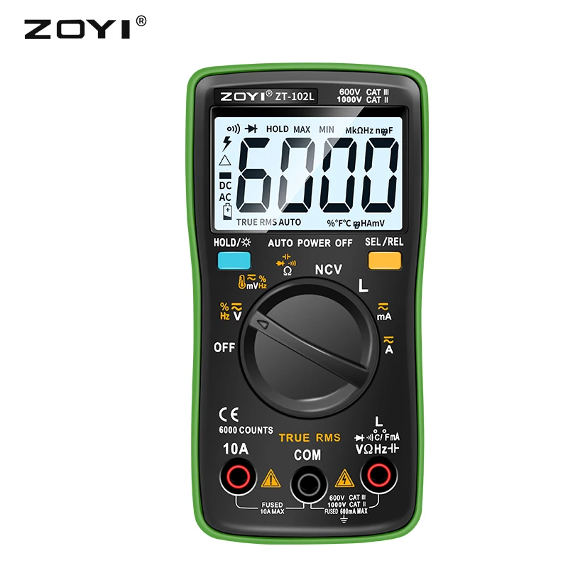 ZOYI T102L Digital Multimeter 6000 Counts Electrical Meter Transistor Tester Auto Rang AC/DC Voltage Process Calibrator