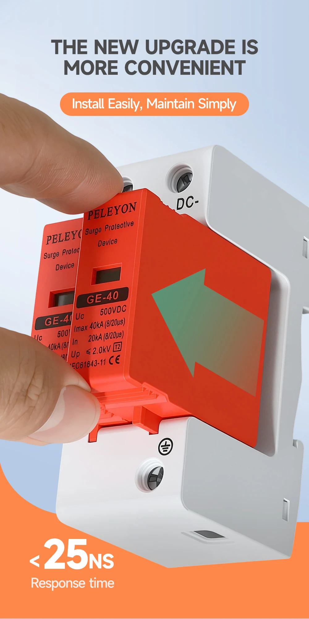 PELEYON 1 Stück DC 500/600V 10KA~20KA SPD DC 800/1000V 20KA~40KA Roter Überspannungsschutz für Häuser, Niederspannungs-Ableitergerät – Detail 3