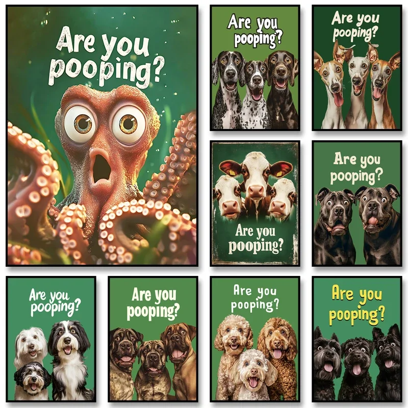(No frame)Funny Animal Art Poster Are You Pooping Print Cow Chicken Picture Canvas Painting for Farm Animal Toilet Bathroom H