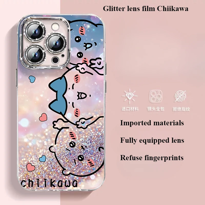 Sanrio Anime Ins Sparkling Pink Cute Hello Kitty Chiikawa IPhone 16pro Max Phone Case Comes with Lens Film Fall Protection Case