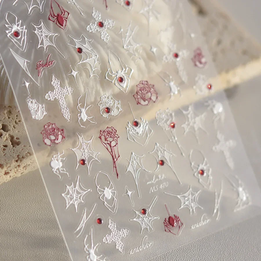 Luxury Spider Web Cross White Black Shiny Red Rhinestones Blooming Rose Flower 3D Self Adhesive Nail Art Sticker Manicure Decals