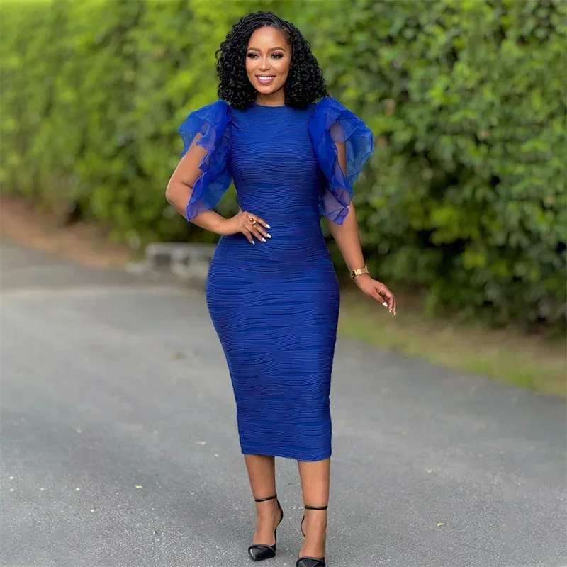 2024 Fashion See-through Ruffle Sleeve Dresses Women Slim Wrap Hip Dress Solid Color Wave Pattern Frock O Neck Female Long Gown