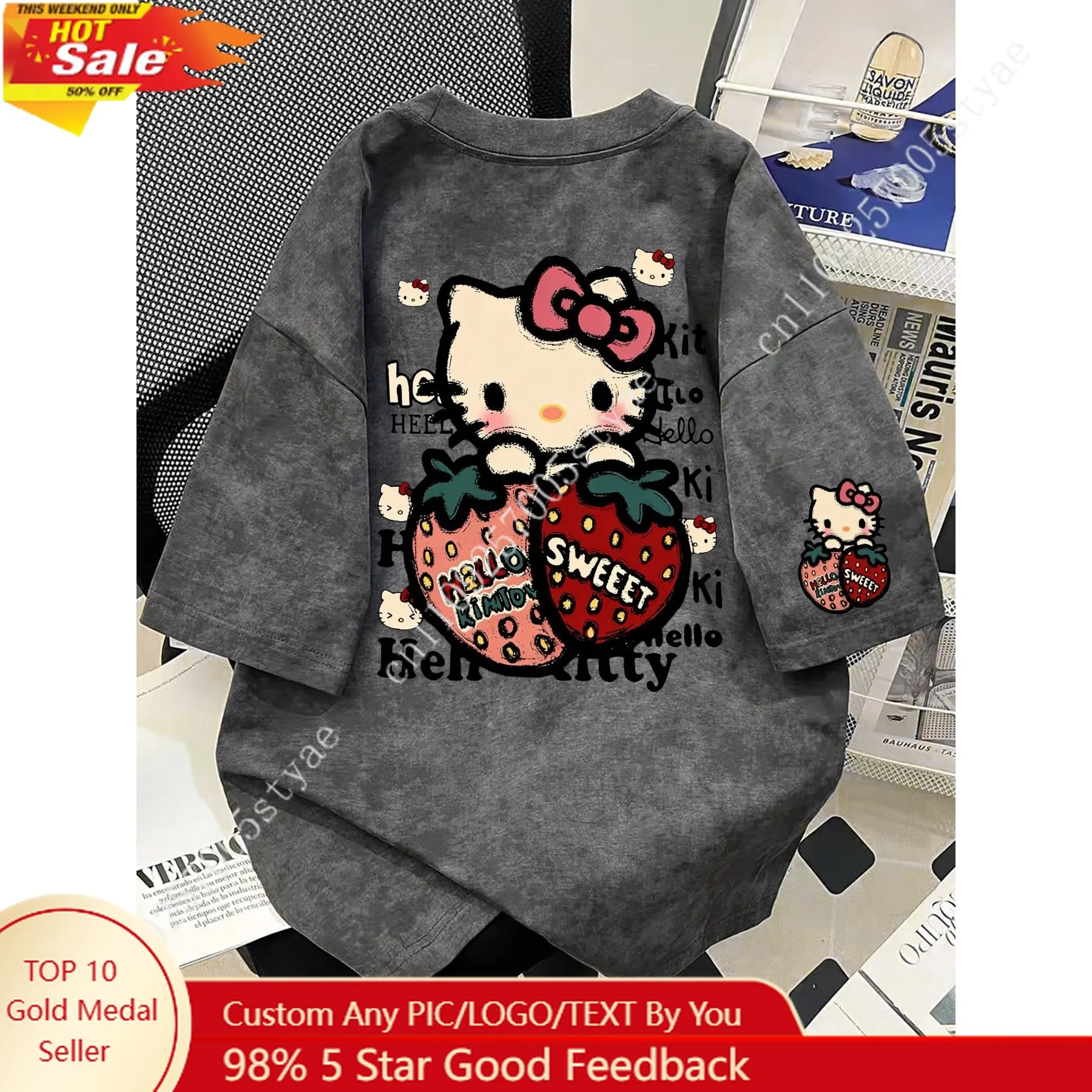 Sanrio Fun Hello Kitty and Strawberry Letter Print Tie-Dye Short Sleeve T-Shirt 2026 New Summer Trendy Loose Fit Top for Women