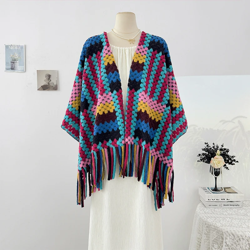 

Gagarich Temperament Colorful Tassel Edge Knitted Cardigan Women Summer 2025 Vacation Wearing Shawl Big Cape Outdoor Wear