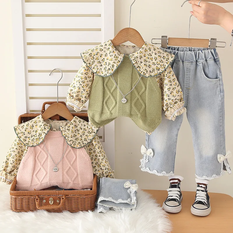 Girls' Autumn and Spring Clothing New Suit Children's Stylish Vest Shirt Three Piece Set for Baby Girls' Children's Clothing