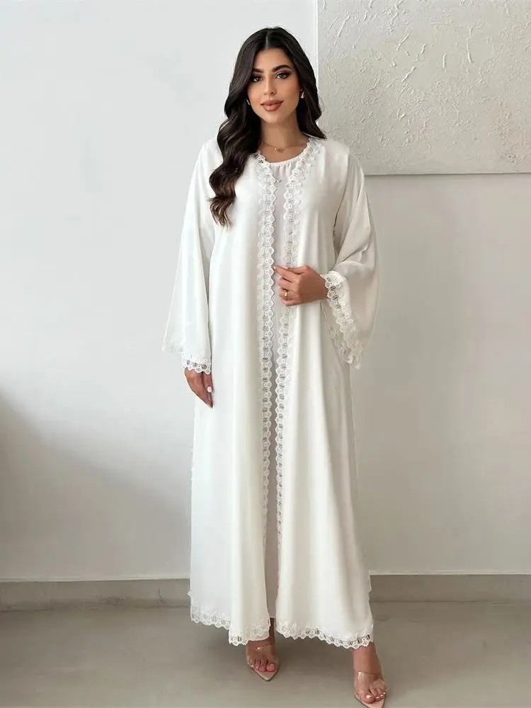 White Open Kimono Abaya Dubai Luxury 2024 Muslim Lace Abayas For Women Kaftan Dress Kebaya Islamic Clothing Robe Femme Musulmane