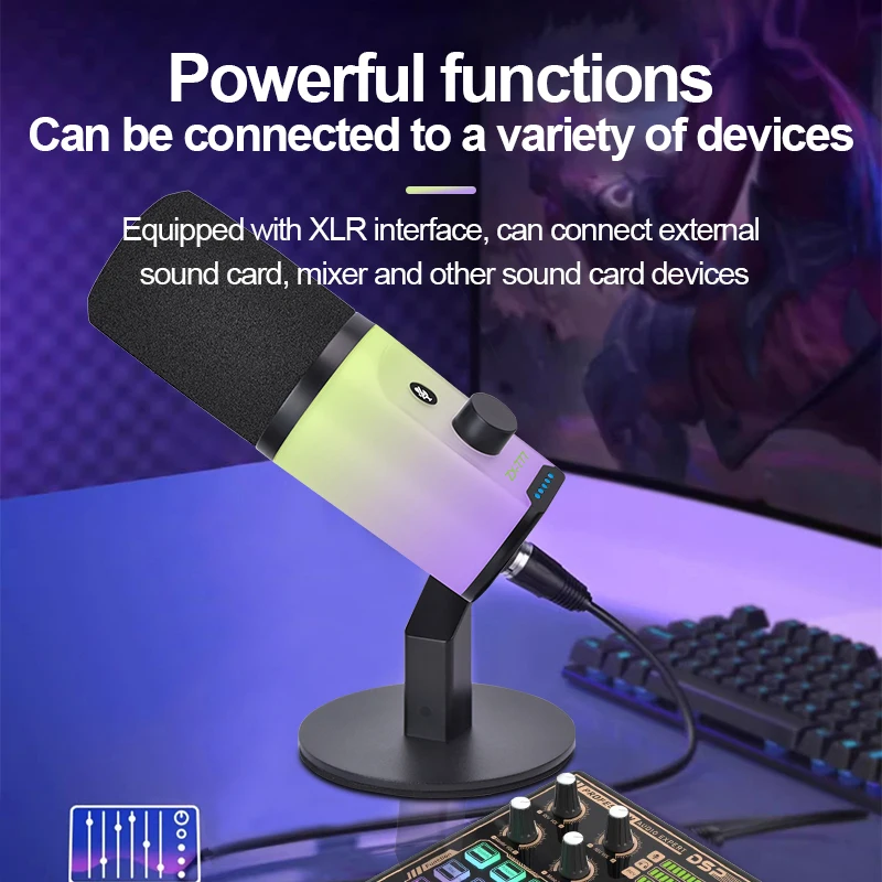 USB RGB dynamic microphone for live streaming, podcast recording, and gaming streaming. XLR/USB dynamic microphone